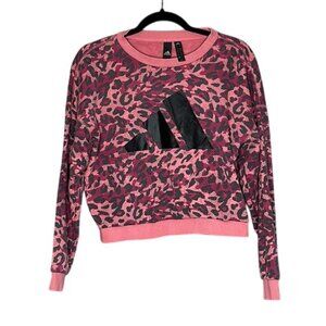Adidas Pink Leopard Print Cropped Sweater Sweatshirt Pullover Top XS